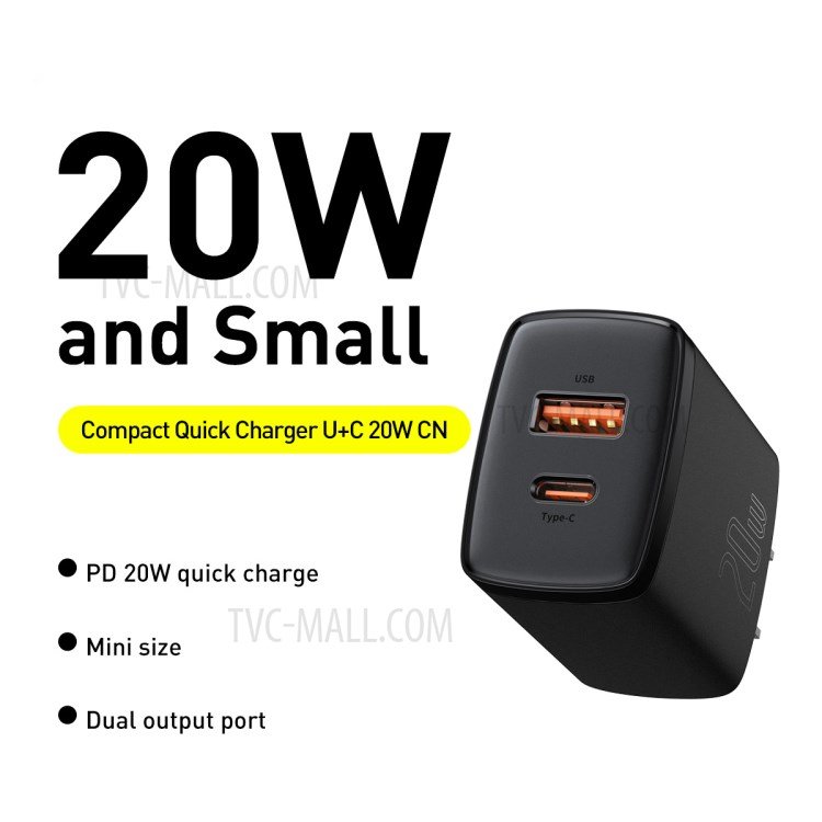 Baseus Compact Quick Charger USB + Type-C 20W Wall Charger | MyDealz.lk